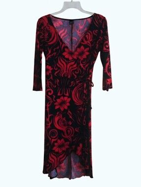Per Seption Black and Red Floral Faux Wrap Midi Dress
